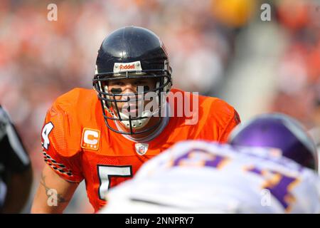 Chicago Bears linebacker Brian Urlacher (54) watches the action on the  sidelines in the second half of an NFL football game against the Minnesota  Vikings in Chicago, Sunday, Oct. 16, 2011. The