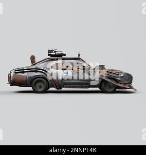 3D-illustration of a post apocalyptic car to fight zombies with weapons Stock Photo