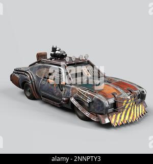 3D-illustration of a post apocalyptic car to fight zombies with weapons Stock Photo