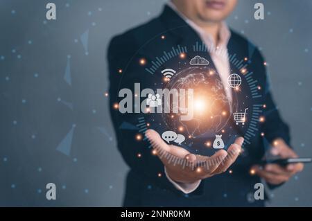Big data analytics and business intelligence. Global business with a world map point and line composition conect a customer. Global customer service. Stock Photo
