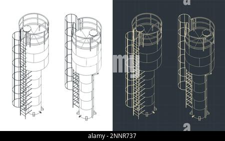 Stylized vector illustration of isometric blueprints of water tank Stock Vector