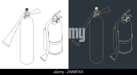 Stylized vector illustrations of isometric blueprints of fire extinguishers Stock Vector
