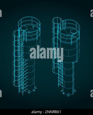 Stylized vector illustration of isometric blueprints of water tank Stock Vector