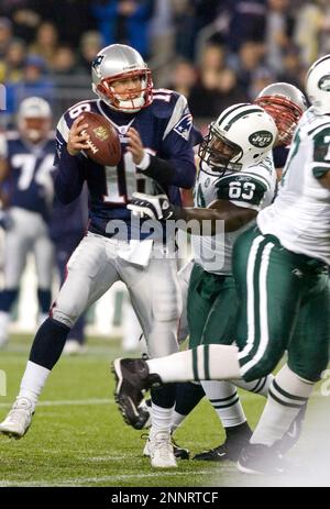 13 November 2008. Patriot Quarterback Matt Cassel (16) tossed this one on  the run into the end zone for a fourth quarter touchdown to Wide Receiver  Randy Moss with one second left