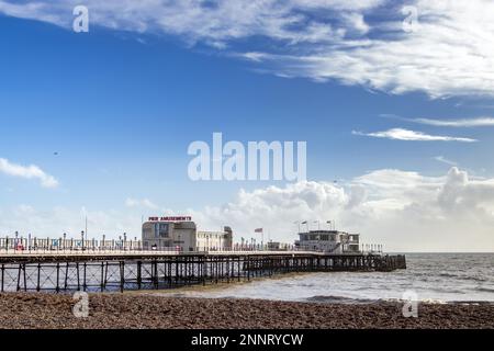 WORTHING, WEST SUSSEX/UK - NOVEMBER 13 : View of Worthing Pier in West Sussex on November 13, 2018. Unidentified people Stock Photo