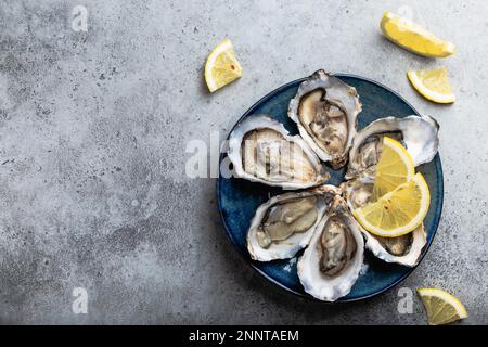 Set of half dozen fresh opened oysters in shell with lemon wedges served on rustic blue plate on gray stone background, close up, top view, space for Stock Photo