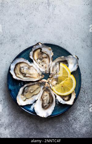 Set of half dozen fresh opened oysters in shell with lemon wedges served on rustic blue plate on gray stone background, close up, top view Stock Photo