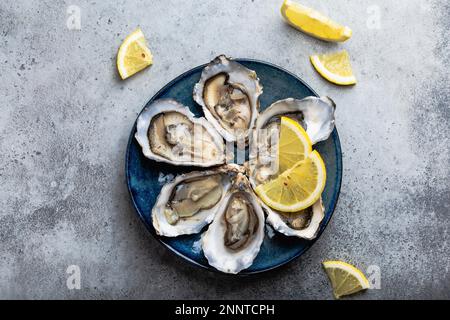 Set of half dozen fresh opened oysters in shell with lemon wedges served on rustic blue plate on gray stone background, close up, top view Stock Photo