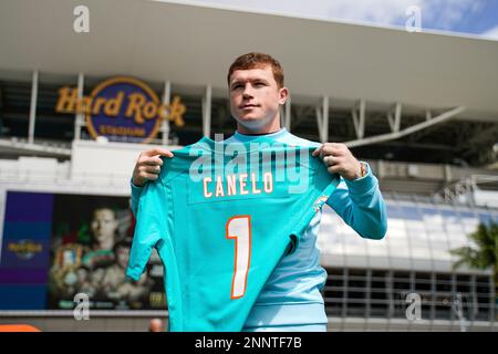 Boxer Saul Canelo Alvarez poses for photos with a custom Miami Dolphins  jersey at Hard Rock Stadium, Monday, Feb. 22, 2021, in Miami Gardens, Fla.  (Carlos Goldman/Miami Dolphins via AP Stock Photo 