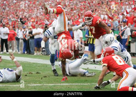 31 OCTOBER 2004: Chiefs Priest Holmes (31) dives with the ball to the one  yard line in Kansas City Chiefs win 45-35 over the Indianapolis Colts at  Arrowhead Stadium in Kansas City