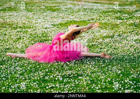 Ballerina doing splits on lawn with flowers, Battle Point Park, Bainbridge Island, Washington, USA Stock Photo