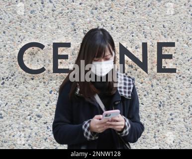 The logo of CELINE (CÉLINE) is seen at Ginza district in Chuo Ward, Tokyo  on November 23, 2020. CELINE is a French ready-to-wear and leather luxury  goods brand that has been owned