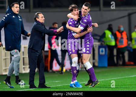 Nikola Milenkovic of Acf Fiorentina and Federico Chiesa of Juventus during  the Italian serie A, football match between Juventus Fc and Acf Fiorentina  on 12 February 2023 at Allianz Stadium, Turin, Italy. Photo Ndrerim Kaceli  - SuperStock