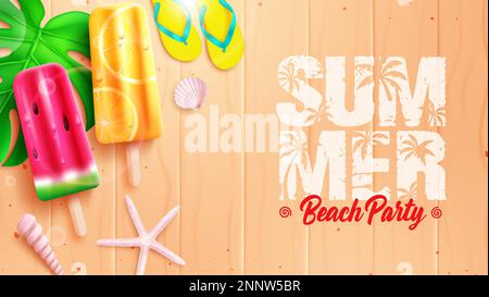 Summer beach party design. Summer beach party text with watermelon and lemon popsicles. Vector illustration summer background. Stock Vector