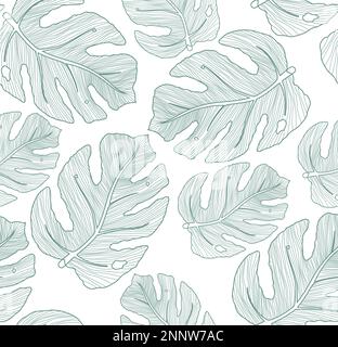 Monstera leaves wallpaper background. Monstera leaf elements in green line artwork. Vector illustration monstera line artwork. Stock Vector
