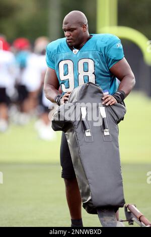 John Henderson (#98) of the Jacksonville Jaguars says Jacksonville  recovered a Texans fumble on the goal line. The Jaguars defeated the Texans  31-24 at Reliant Stadium in Houston TX. (Credit Image: ©