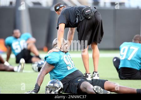 John Henderson (#98) of the Jacksonville Jaguars says Jacksonville  recovered a Texans fumble on the goal line. The Jaguars defeated the Texans  31-24 at Reliant Stadium in Houston TX. (Credit Image: ©