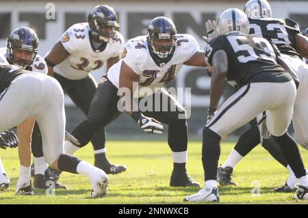 03 Jan 2010: Ravens #74 Michael Oher (T) from the movie The Blindside  watches a replay on the scoreboard as the Ravens beat the Raiders 21-13 at  Oakland-Alameda County Stadium in Oakland