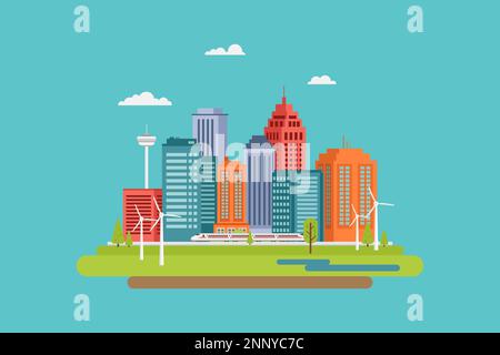 smart city flat design modern skyscrapers and eco energy and high mobility Stock Vector