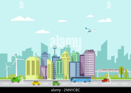 smart city in the future smart transportation skyscrapers and eco energy illustration design Stock Vector