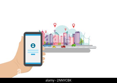 smart phone access location and data concept of smart city and modern lifestyle illustration design Stock Vector