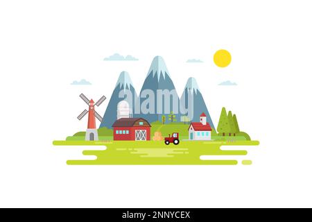 illustration of agriculture and plantation, the concept of flat style design in the village Stock Vector