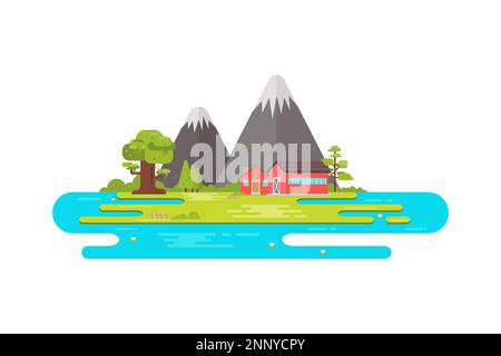 Vector illustration of landscape view of a mountainous flat style design Stock Vector