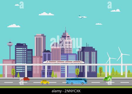 illustration of fast trains and electric cars in a smart city and eco energy vector design Stock Vector