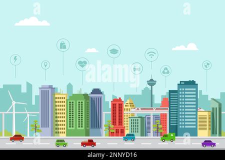 Flat design of smart city buildings in a modern future with graphic info elements Stock Vector