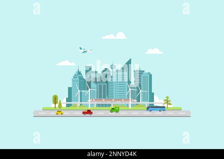 Flat design illustration of a smart city with fast train smart cars and modern transportation Stock Vector