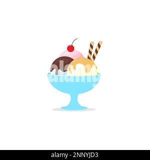melted ice cream on a bowl with a wafer roll and cherry flat design isolated white background Stock Vector