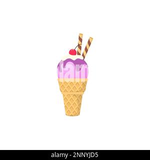Flat design of fresh and sweet ice cream melts in cones with wafer roll and cherries isolated on a white background Stock Vector
