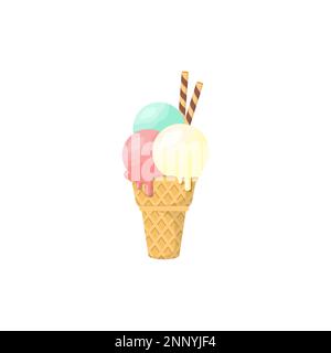 flat design of three ice cream scoop melts in cones with wafer roll isolated white background Stock Vector