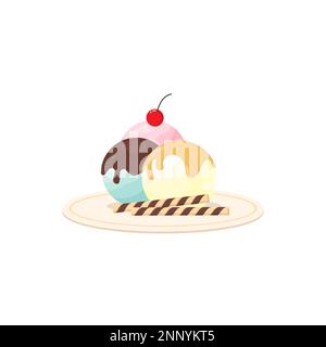 melted sweet ice cream on a plate with cherry and wafer roll flat design isolated white background Stock Vector