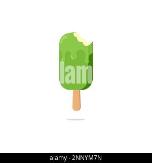 Sweet and cold green ice cream sticks bitten flat design isolated white background Stock Vector