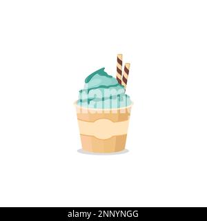 ice cream in a cup with syrup and wafer roll sweet design flat isolated white background Stock Vector