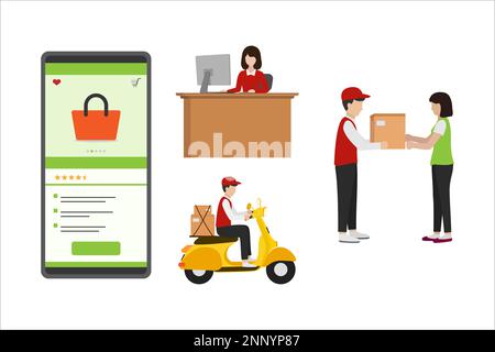 the concept of online shopping and the delivery process reaches the consumer flat design on a white background Stock Vector