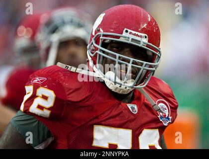 Kansas City Chiefs defensive tackle Kenny Smith (90) celebrates stopping  the run for a fourth down turn over during the Chargers 37-7 victory over  the Chiefs at Arrowhead Stadium in Kansas CIty