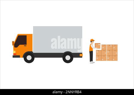 flat design of courier loading goods to truck for delivery to destination address isolated on white background Stock Vector