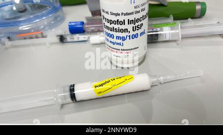 Propofol and fentanyl hospital drugs depicting the opioid crisis and addiction Stock Photo