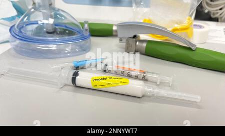 Propofol and fentanyl hospital drugs depicting the opioid crisis and addiction Stock Photo