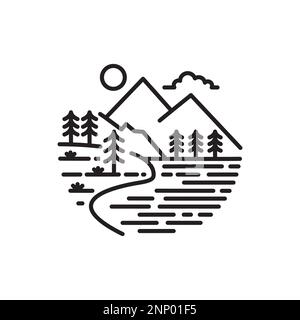 Mountain logo design illustration of the monoline style Stock Vector