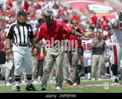 Tampa Bay Buccaneers head coach Raheem Morris during the NFL football game  between the New Orleans Saints and Tampa Bay Buccaneers at Raymond James  Stadium in Tampa Bay, Florida. The Saints defeated