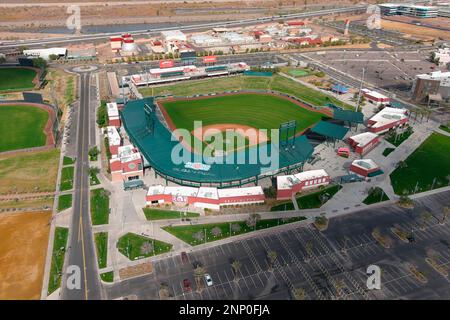 An aerial view of Sloan Park, Tuesday, June 8, 2021, in Mesa, Ariz