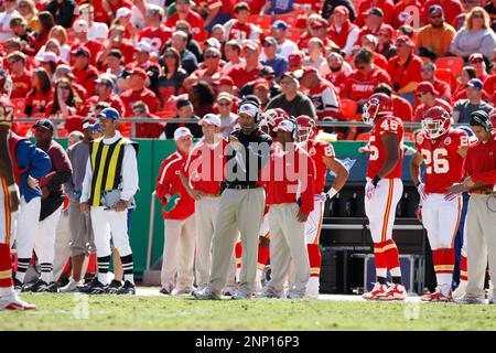 14 NOVEMBER 2010: Kansas City Chiefs head coach Todd Haley argues a  reception that was ruled a touchdown after instant replay showed the  receivers feet both touch the ground in-bounds during a