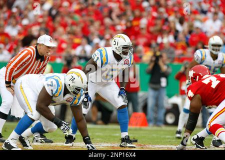 San Diego Chargers defensive end Larry English (52) during pre-game warmups  before the Chargers 37-7 victory over the Chiefs at Arrowhead Stadium in  Kansas CIty, Missouri. (Credit Image: © Jacob Paulsen/Southcreek  Global/ZUMApress.com