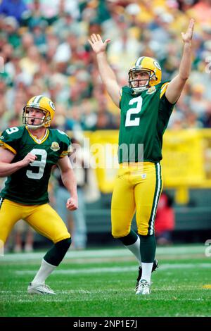 09 September 2007: Green Bay Packers rookie place kicker Mason Crosby (2)  and holder Jon Ryan (9) celebrate Crosby's 53 yard field goal against the  Philadelphia Eagles in the first quarter at Lambeau Field in Green Bay,  Wisconsin. The Eagles lost to th