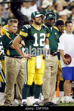 11 August 2008: Green Bay Packers starting quarterback Aaron Rodgers (12)  watches from the sidelines after Packers tight end Ruvell Martin was  injured in the second quarter of a pre season NFL football game with the  Cincinnati Bengals at Lambeau Field