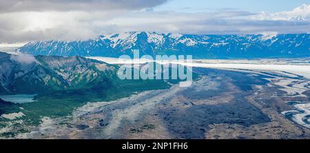 Aerial View of Malaspina Glacier in Saint Elias National Park and Reserve, Wrangell, Alaska Stock Photo