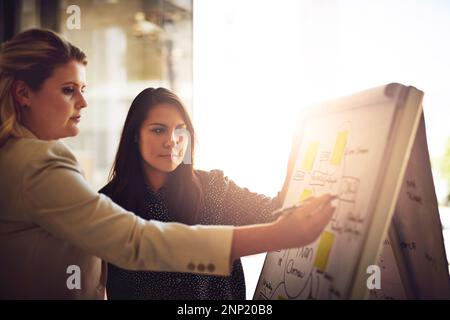Making her ideas visual. two young colleagues brainstorming with mindmaps in the office. Stock Photo